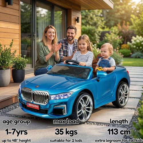 Image of MEKASHI Electric Ride-On Car for Kids 1-7 Years, 12V Battery, Remote Control, 5 Speed, LED Lights, Bluetooth, Metallic Blue