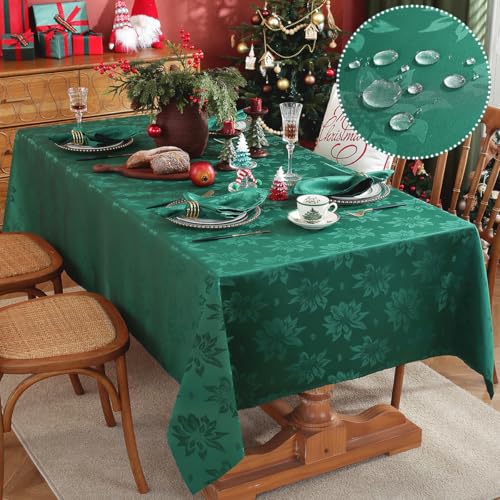 SASTYBALE Christmas Tablecloths Rectangular, Jacquard Xmas Table Cloth with Poinsettia Flowers, Spill Proof Heavy Duty Table Cover for Parties Winter Holiday Decor (Rectangle, 52' x 70', Green)