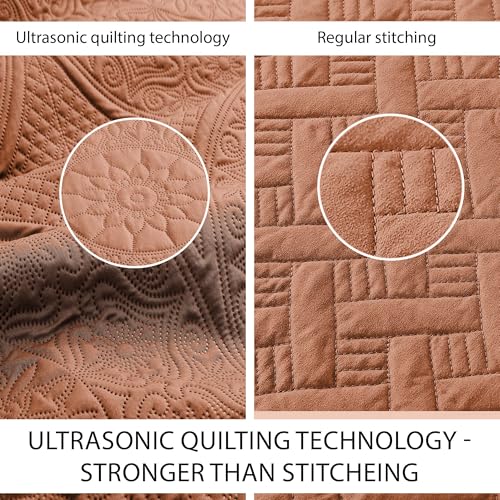 IR Imperial Rooms Twin Quilt Bedding Set Size (68” x 86”) + 1 Pillow Shams (20” x 26” + 2”) - 2 Pcs All Season Lightweight Reversible Microfiber Coverlet Floral Embossed Quilt Bedspread (Rust)