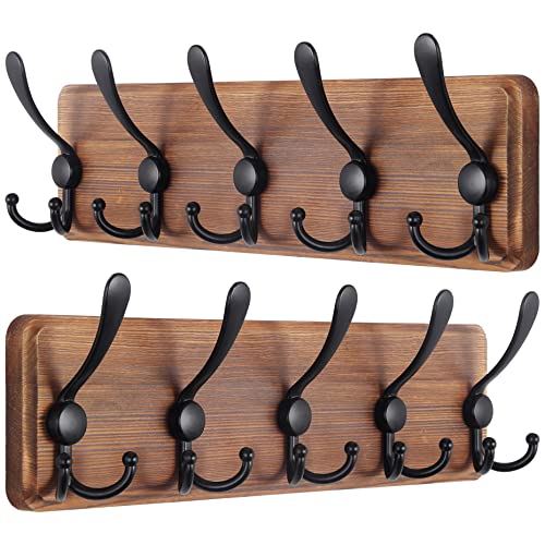 Image of SKOLOO Rustic Wall Mounted Coat Rack: 16 inch Stud Spacing, Pine Real Wood Plank Wall Coat Rack with 5 Triple Hooks, Farmhouse Coat Hanger Wall Mount for Hanging Backpack Jacket Coat Hat,Pack of 2