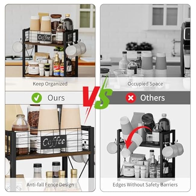 2 Tier Coffee Bar Organizer for Countertop, Coffee Mug Holder Organizer, Coffee Station Countertop Shelf for Home Office, Coffee Accessories Storage Rack with 6 Hooks