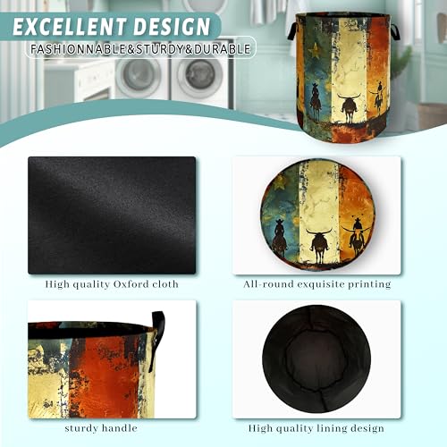 Image of Western Cowboy Laundry Basket Oxford Cloth Hamper 18.9x16.5 Inch | Foldable With Handle Tote Bag Colorful Laundry Hamper Clothes Storage Bucket Toy Organizer For Bathroom /Laundry /Bedroom