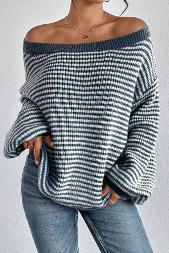 Chic and Cozy Sweater with Lantern Sleeves - Sail Blue Striped Pattern3