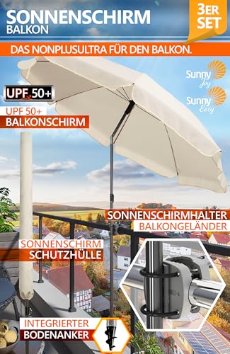 4smile Sonnenschirm Balkon SunnyJoy, 3-in-1 SET, Beige - UPF 50+ Sonnenschirm Ø 180 cm + Sonnenschirmhalter Balkongeländer + Sonnenschirmhülle - Sonnenschutz Balkon Set 2