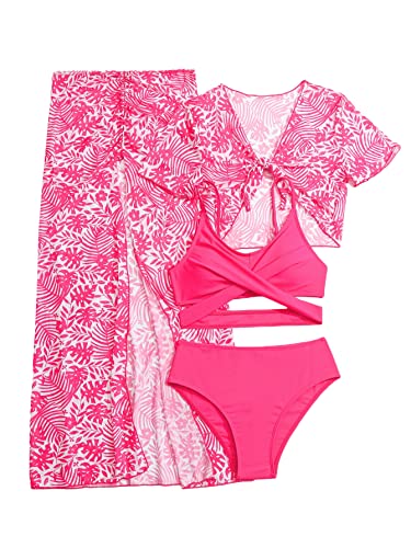 WDIRARA Girl's 4 Pieces Cutout Criss Cross Bikini Swimsuit with Tropical Print Split Cover Up