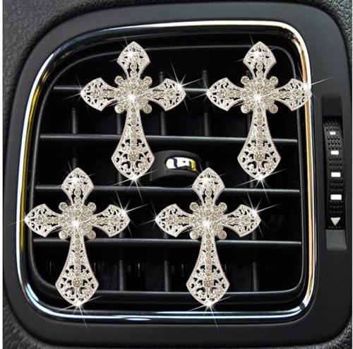 Image of 4Pcs Bling Cross Air Vent Clips,Crystal Car Vent Clip,Interior Accessories,Air Fresheners Vent Clips Car Diffuser Vent Clip Rhinestone Diamond Cross Car Decoration Car Interior Decor Car Accessorie