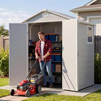 Devoko 6x4 FT Plastic Storage Shed, Outdoor Resin Garden Shed with Floor, Durable Tool Storage Shed with Lockable Door and Window for Patio, Garden, Backyard, Light Gray