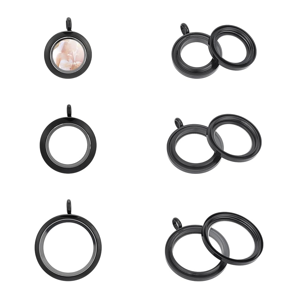 UNICRAFTALEUNICRAFTALE 3pc 3 Size Memory Locket Pendants Glass Photo Charms Round Floating Lockets Black 304 Stainless Steel Pendants Picture Frame Bouquet Charms for Necklace Jewelry Making