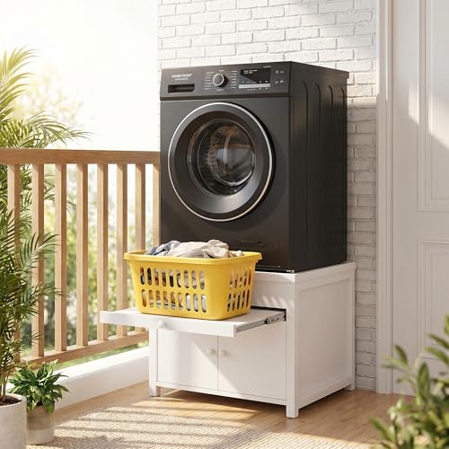 Image of Washer and Dryer Pedestal with Storage, 29 Inch, 23 Inch High | White metal stand with pull-out shelf, enclosed cabinet, drainage opening, 770 lb capacity, and required assembly.