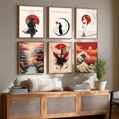 Image of HOTHOUSE Japanese Samurai Motivational Art Wall Framed Posters | Aesthetic Japanese Art Framed Poster for Living Room Bedroom Gaming Room Studio Wall Decor Set Of 6 (10X13 inch)