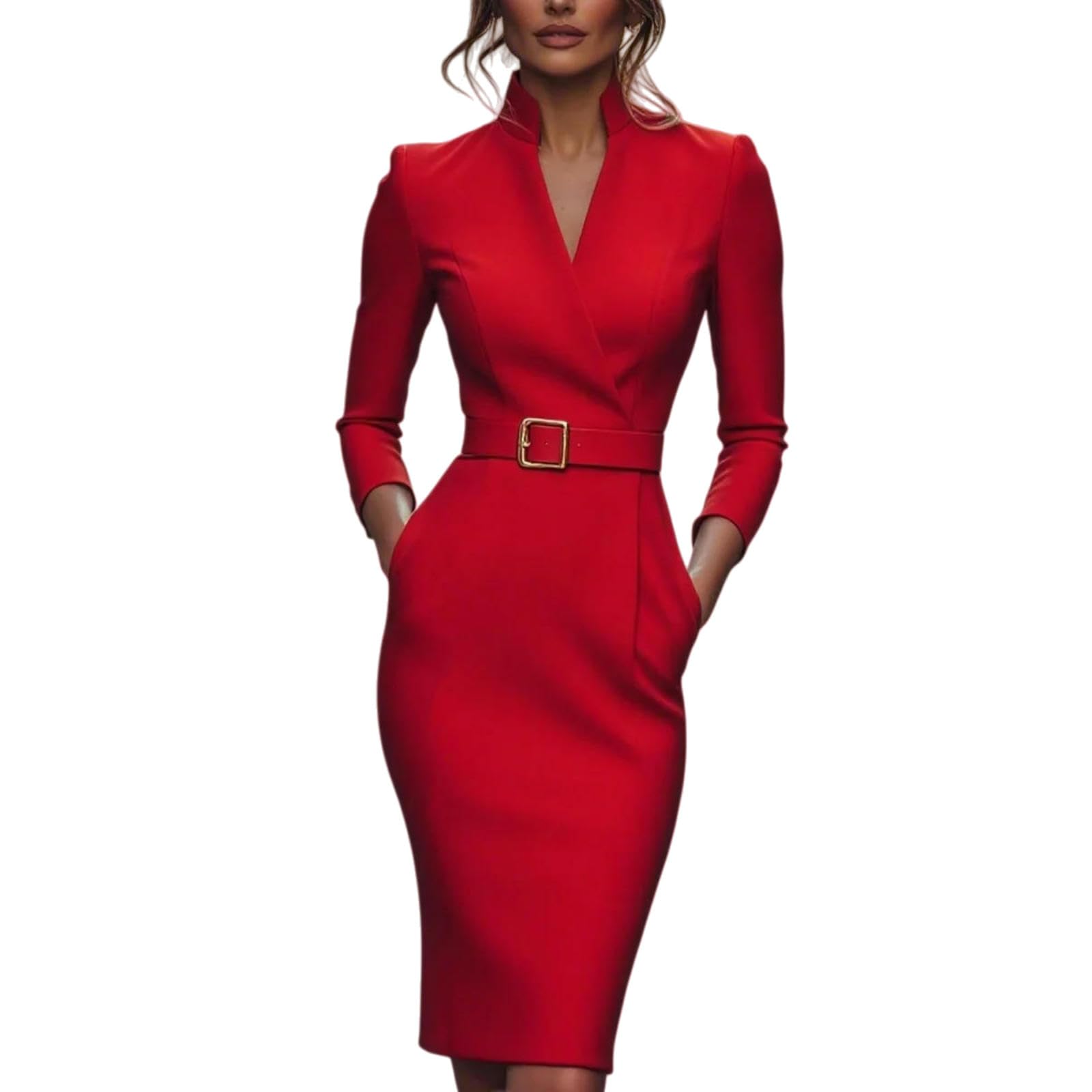 Abito Donna da Stile Francese in Vita Elegante Sera Quotidiano Lavoro D'ufficio A Maniche Lunghe Slim Fit-Rosso-l