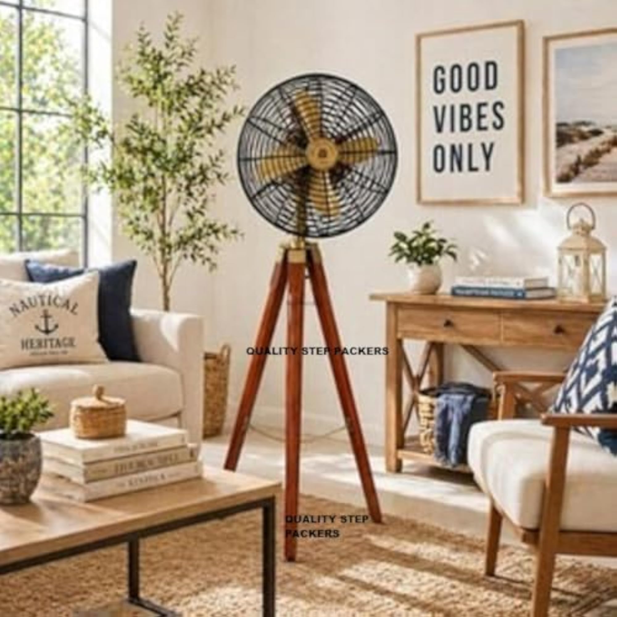 Vintage Tripod Floor Fan with Brass Accents