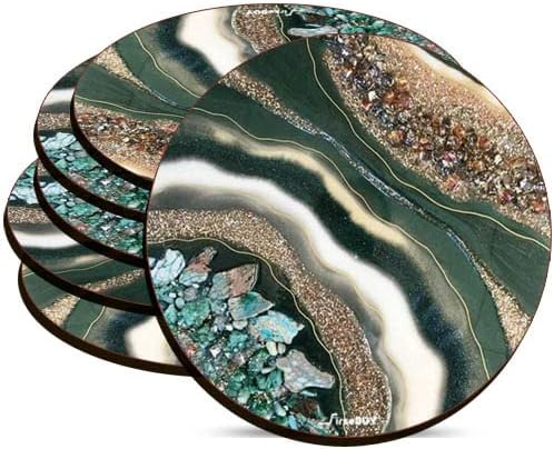 FirseBUY Coaster Set 6 Pcs | Green Marble Texture Art | MDF Wood Material Drink Coasters | Heat-Resistant Round Coaster for Home and Kitchen, Office Table, Dining Table, Home Decor (3.5 Inches)