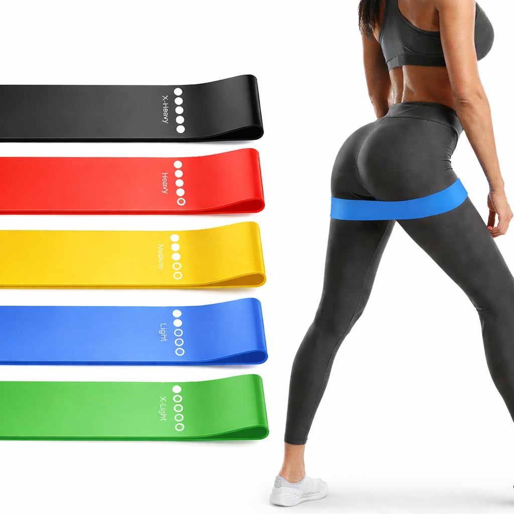 Resistance Bands, Set of 5 Skin-Friendly Resistance Fitness Exercise Loop Bands with 5 Different Strength Levels, Carrying Case Included, Ideal for Home, Gym, Yoga, Training
