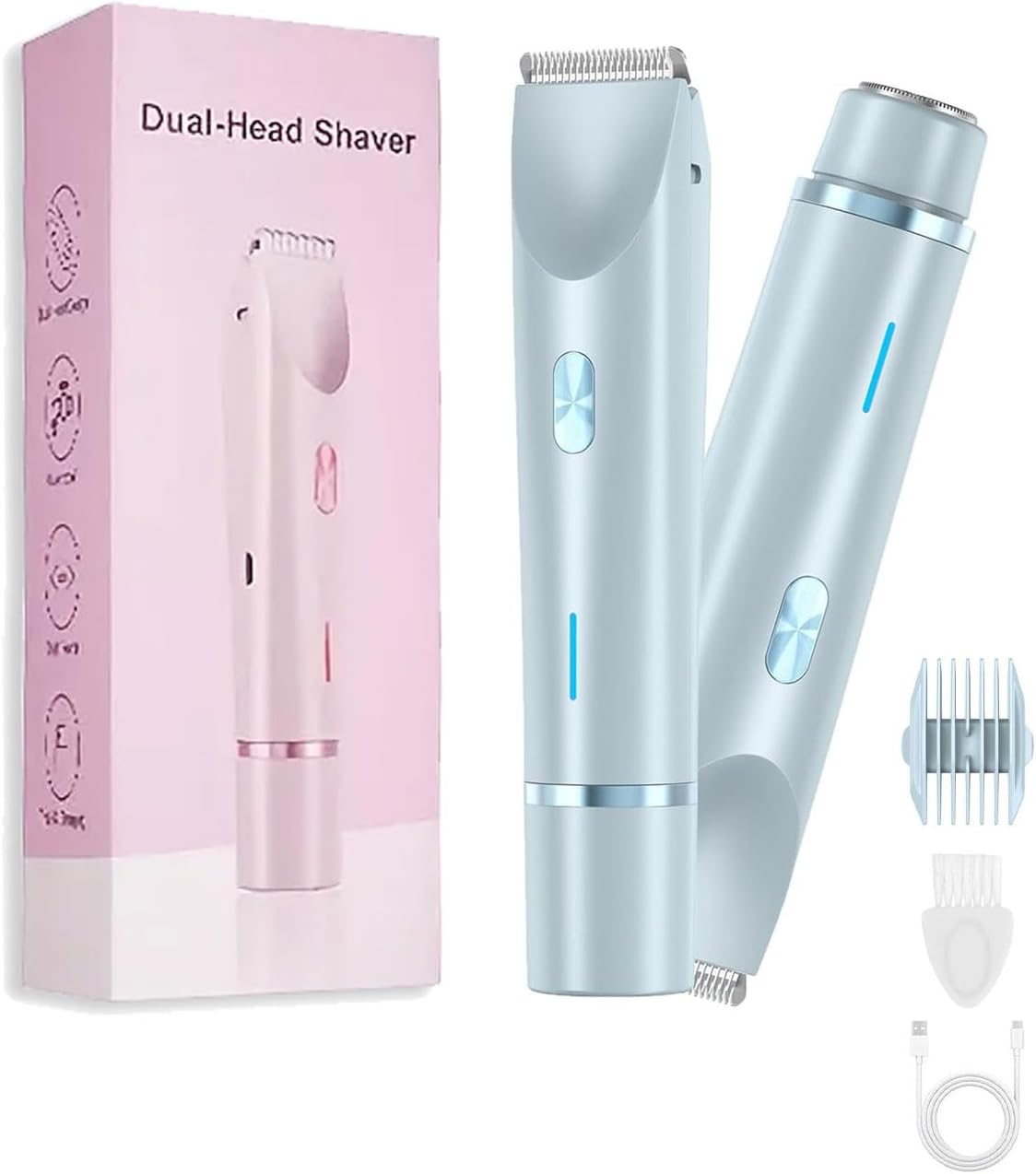 Shaver - Bikini Trimmer for Women, 2 in 1 Electric Dual Head Razors, Washable, Ceramic Blades, USB Rechargeable, Hair Removal for Private Area/Facial/Pubic/Hair Body (Blue)
