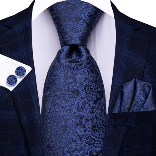 Image of Hi-Tie Silk Ties for Men Plaid Paisley Striped Necktie Pocket Square Cufflinks Set Formal Business