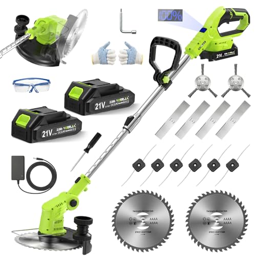 VOERJIA Cordless Strimmer Lightweight 750W with LCD Battery Display Grass Trimmer and Brush Cutter with 2 x 2.0Ah Battery and Charger 14-Piece 4-in-1 Garden Kit (Pro Edition)