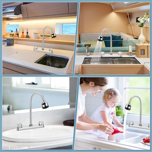 Image of RV Kitchen Faucet, XFIRE-GEAR Camper Faucet Kitchen with Flexible Arc 360 Degree Rotatable Dual Function Sprayer, RV Sink Faucets for Motorhomes, Travel Trailers (8 Inches Apart)