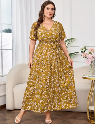 Image of ShopWonder Womens Plus Size V Neck Wrap Maxi Dress High Waist Ruffle Summer Casual Dress with Belt