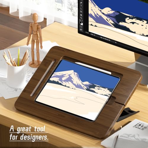 Image of AFOOYO Bamboo Tablet Drawing Stand Tablet Holder - Portable & Adjustable 5 Angles,Laptop Stands Riser,Compatible with 12.9 /13 inch iPad Pro-3rd-7th Gen(Walnut Varnish)