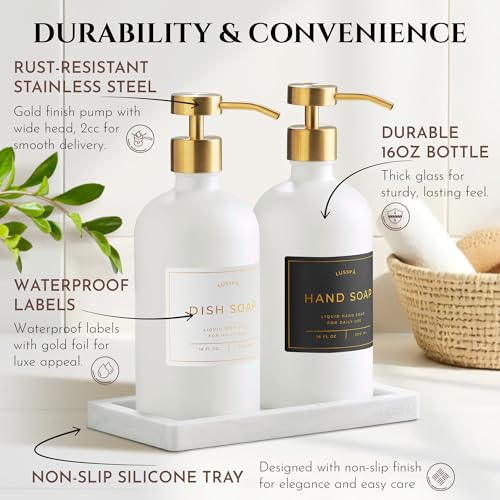 Glass Soap Dispenser Set of 2 (White) with Silicone Tray | Hand and Dish Soap Dispenser for Kitchen and Bathroom | 16.8 Oz Glass Bottles with Stainless Steel Pump & 15 Waterproof Labels (White/Gold) - image 6