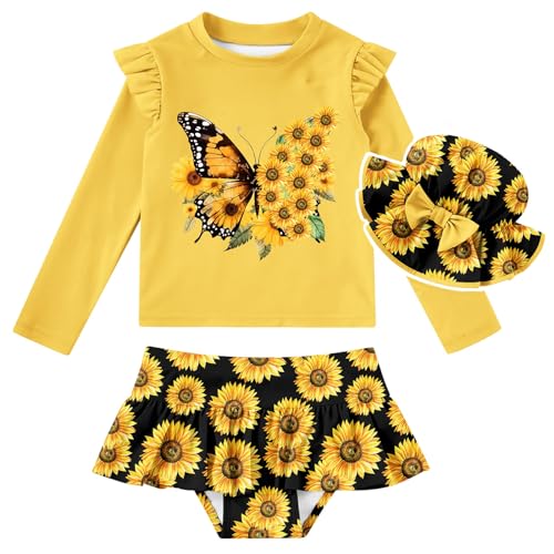 Cutemile Little Girls Rash Guard Set 3 Piece Swimsuit with Hat UPF 50+ Long Sleeve Swimwear 1-6 Years