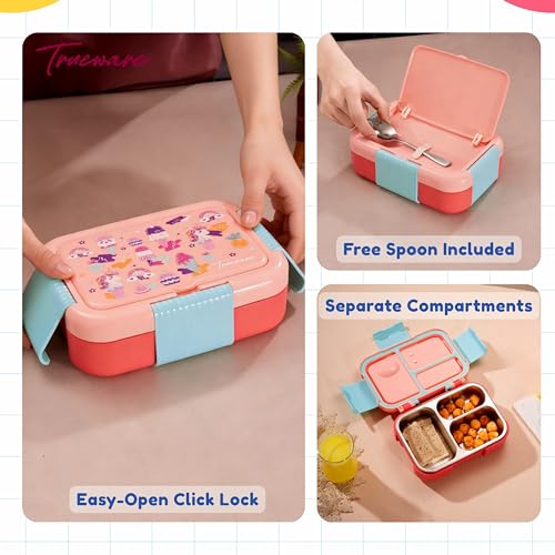 Image of Trueware Galaxy 3 304 Stainless Steel PU Insulated Lunch Box with Three Compartment BPA Free, Food Grade Ideal for School, Picnic, Office & Outdoor - 520ml