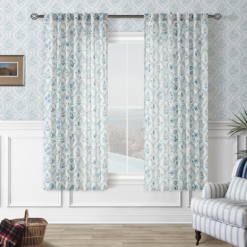 Image of Blue Floral Linen Curtains Patterned Semi Sheer 63 Inch Length 2 Panels Set