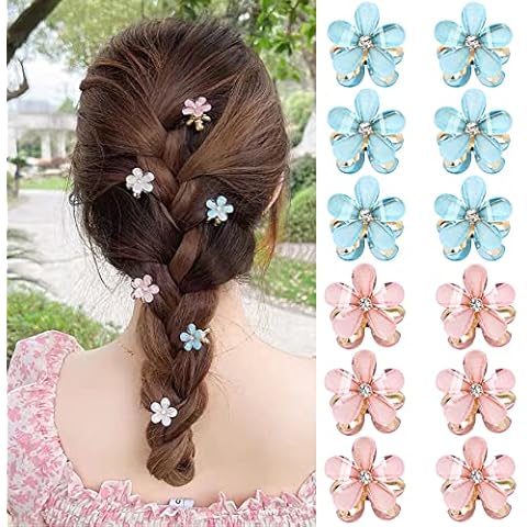 12Pcs Mini Pearl Hair Claw Clips in Flower Design,Small Pearl Hair Claw Clips, Artificial Decorative Hair Accessories for Women Girls (including 6pcs Blue and 6pcs Pink clips) … Cover