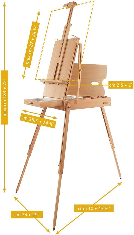 Mabef M22 French Sketch Box Easel, Portable Oiled Beech Wood Field & Studio Easel with Adjustable Canvas Angle, Built-in Storage Drawer, Palette & Leather Handle