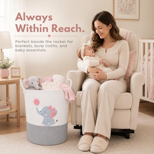 Image of Elephant Baby Laundry Basket for Girl Nursery, Pink Rope Hamper, 20x15 in