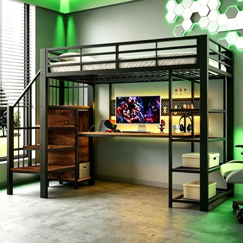 REXO Cama alta de hierro 90 × 200 cm, escritorio largo, pared perforada, compartimentos de almacenamiento de varios niveles, cercado alto, negro