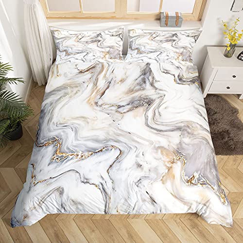 Marble Bedding Set White Grey Gold Marble Pattern Comforter Cover For Kids Adults Abstract Geometric Marble Duvet Cover Crack Design Brick Bedspread Cover Bedroom Decor With 2 Pillow Case Queen Size #TOP19
