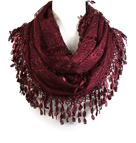 Scarf& Scarfand's Delicate Lace Infinity with Teardrop Fringes (Burgundy)