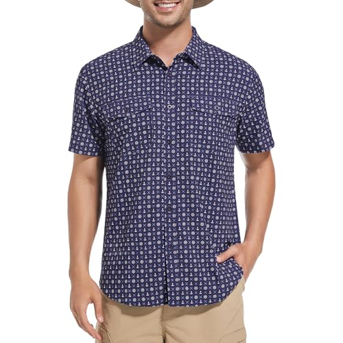 WARHORSEE Printed Fishing Shirts for Men UPF 50+ Breathable Stretch Mens Button Down Short Sleeve Hiking Casual Shirts,NavyAnchor,L