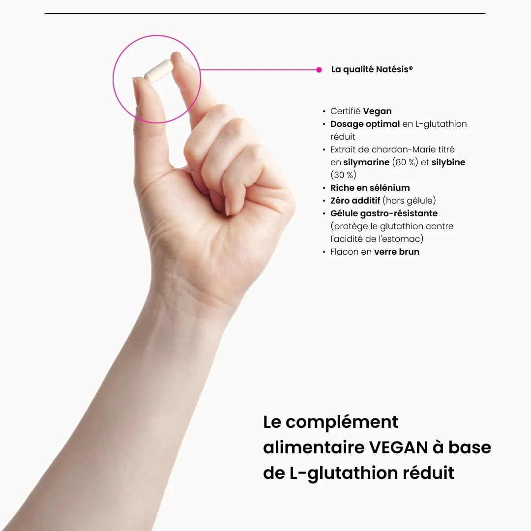 NATESIS – ANTIOXYDANT & DETOX - L-Glutathion RÉDUIT à 98% - Chardon-Marie Silymarine 80% - Sélénium - Détoxifie Foie Corps - Protège Régénère Beauté de la Peau - VEGAN - Fabriqué en France