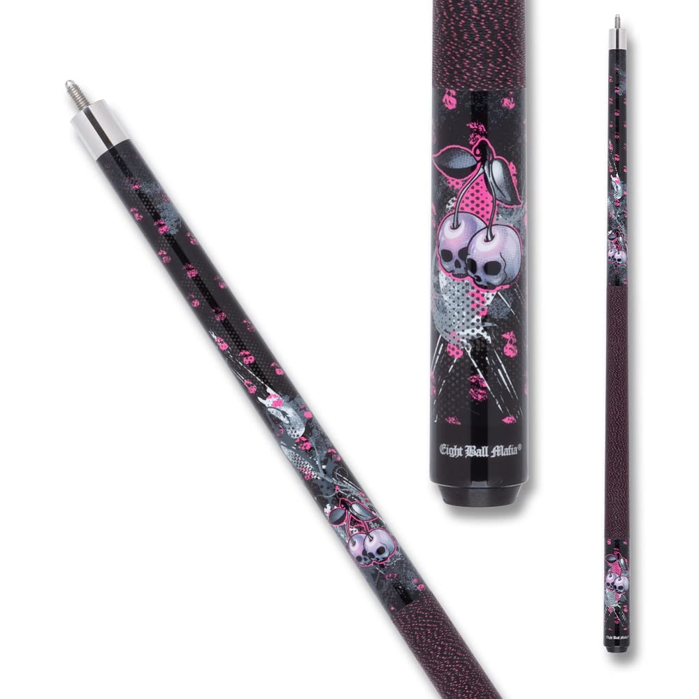 Eight Ball Mafia EBM07 Pool Cue - Black, White, Grey, and Pink with Cherrys and Cherry Skulls - 20oz