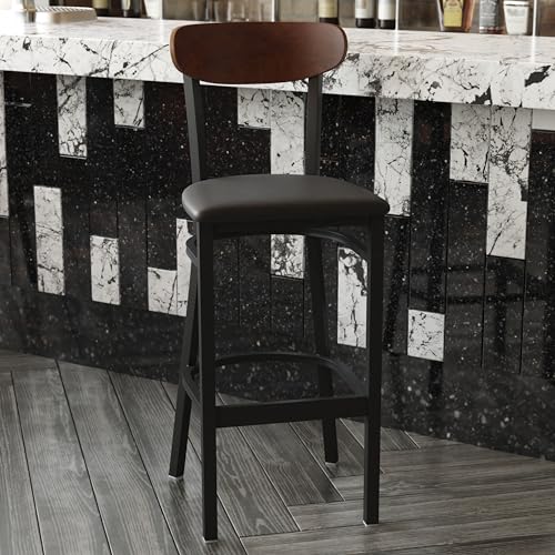 Image of Flash Furniture Wright Commercial Barstool - Walnut Finish Wood Boomerang Back - Black Vinyl Seat - 500 LB. Capacity Black Steel Frame - Integrated Footrest