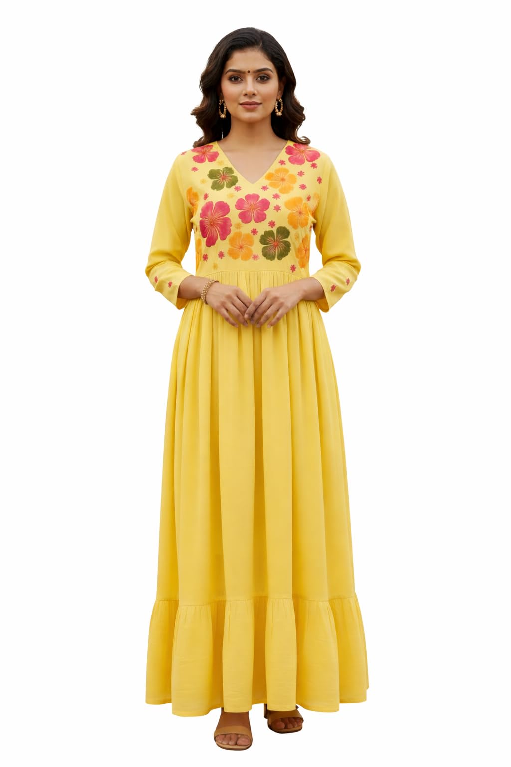 janax Women Lemon Yellow Floral Print Gown, V-Neck, 3/4 Sleeves, Tiered Hem, Ethnic Maxi Long Dress,-picture-15