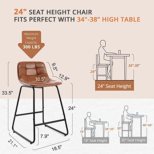 Lue Bona Counter Height Bar Stools, 24" Faux Leather Bar Stools Set Of 4, Mid Century Modern Upholstered Checkered Pattern Leather Dining Chair With Metal Legs, For Kitchen Island, Bistro, Red Brown #TOP2