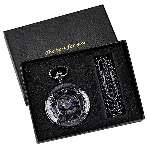 Image of Black and Silver Roman Numeral Dial Mens Mechanical Moon Phase Design, Moon Sun Pattern Skeleton Mechanical Pocket Watches for Men with Case and Chain - Black