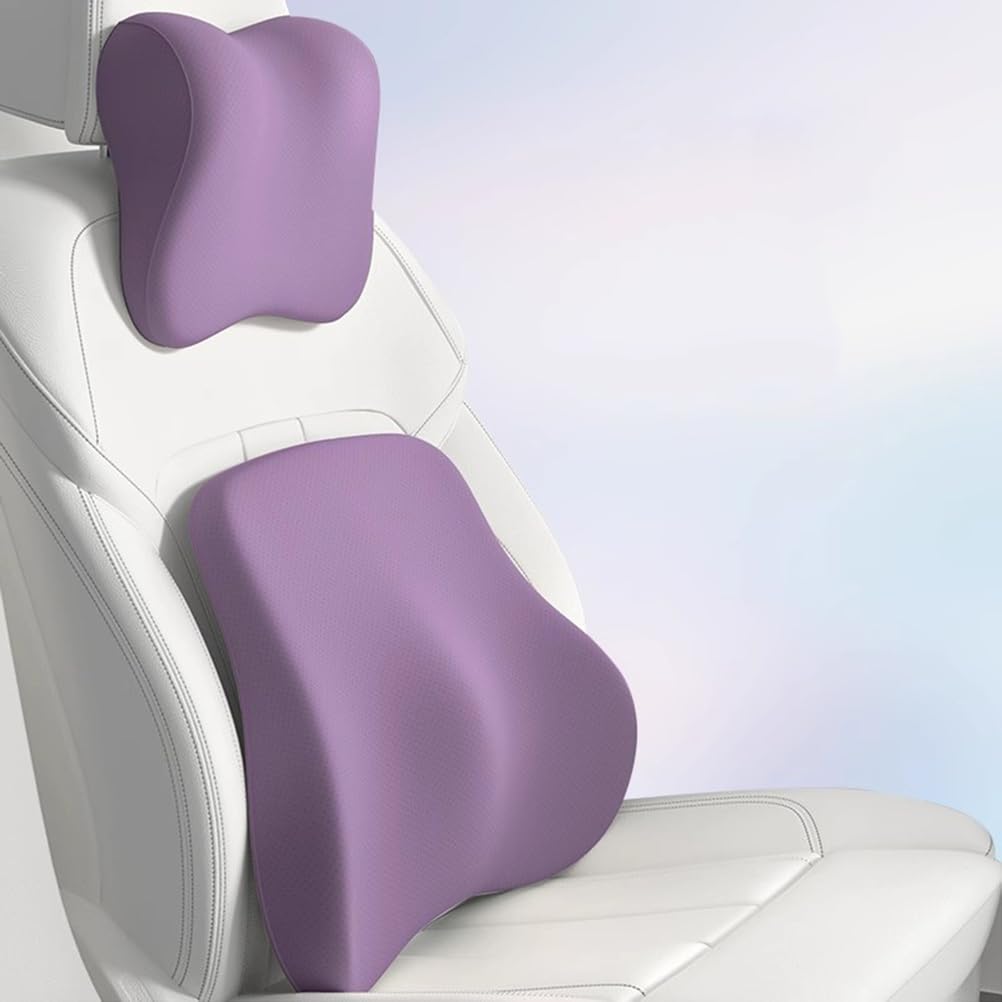 Zagłówek samochodowy i poduszka podparcia lędźwi. Ergonomiczny zestaw poduszek pod kark. Zagłówek samochodowy i podparcie lędźwi z pianki memory(Purple)