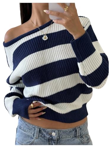 Girl's Striped Sweater Off The Shoulder Long Sleeve Knitted Pullovers Sweaters