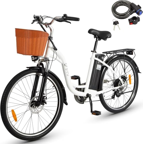DYU 26' Bicicleta Eléctrica,12,5Ah 36V Batería Extraíble,Bicicleta Eléctrica con Cambio de 6 Velocidade,Altura Ajustable,Portátil Compacto,Ebike con Estante Trasero,Unisex Adulto (Blanco)