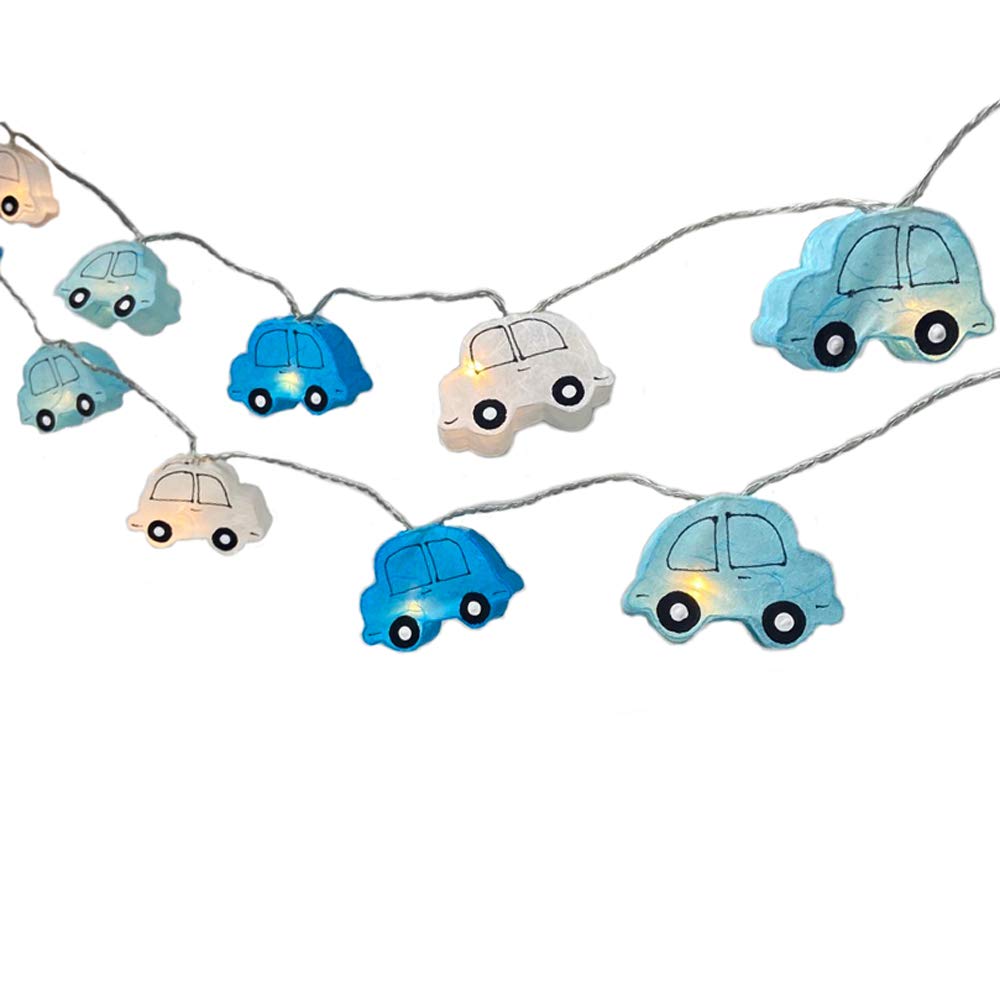 Blaze On Car Fairy Lights (Blue Tones) – 30 Warm White LED Lights – Handcrafted Translucent Car Shapes – Hand-Screened Mulberry Paper – 3-Pin UK Mains Plug – Indoor Decorative String Lights