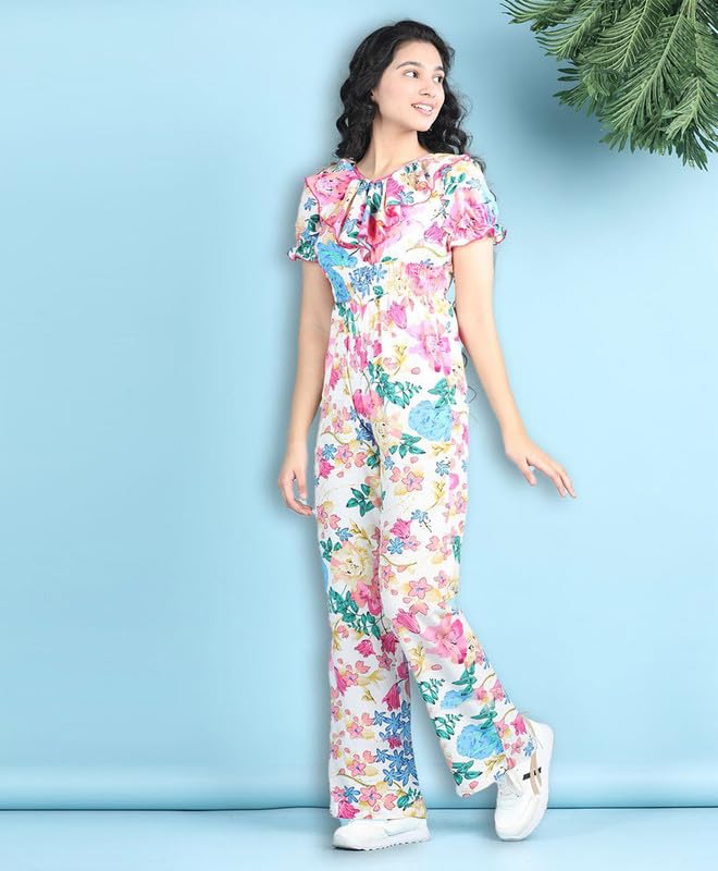 Image of Girls Stylish Floral Print Embellished Jumpsuit | Lightweight & Comfortable Fabric | Jumpsuit for Kids | Ideal for Casual & Outings