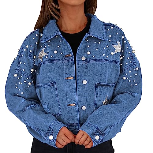 Vêtement d'extérieur en jean bleu pour femme avec broderie étoiles