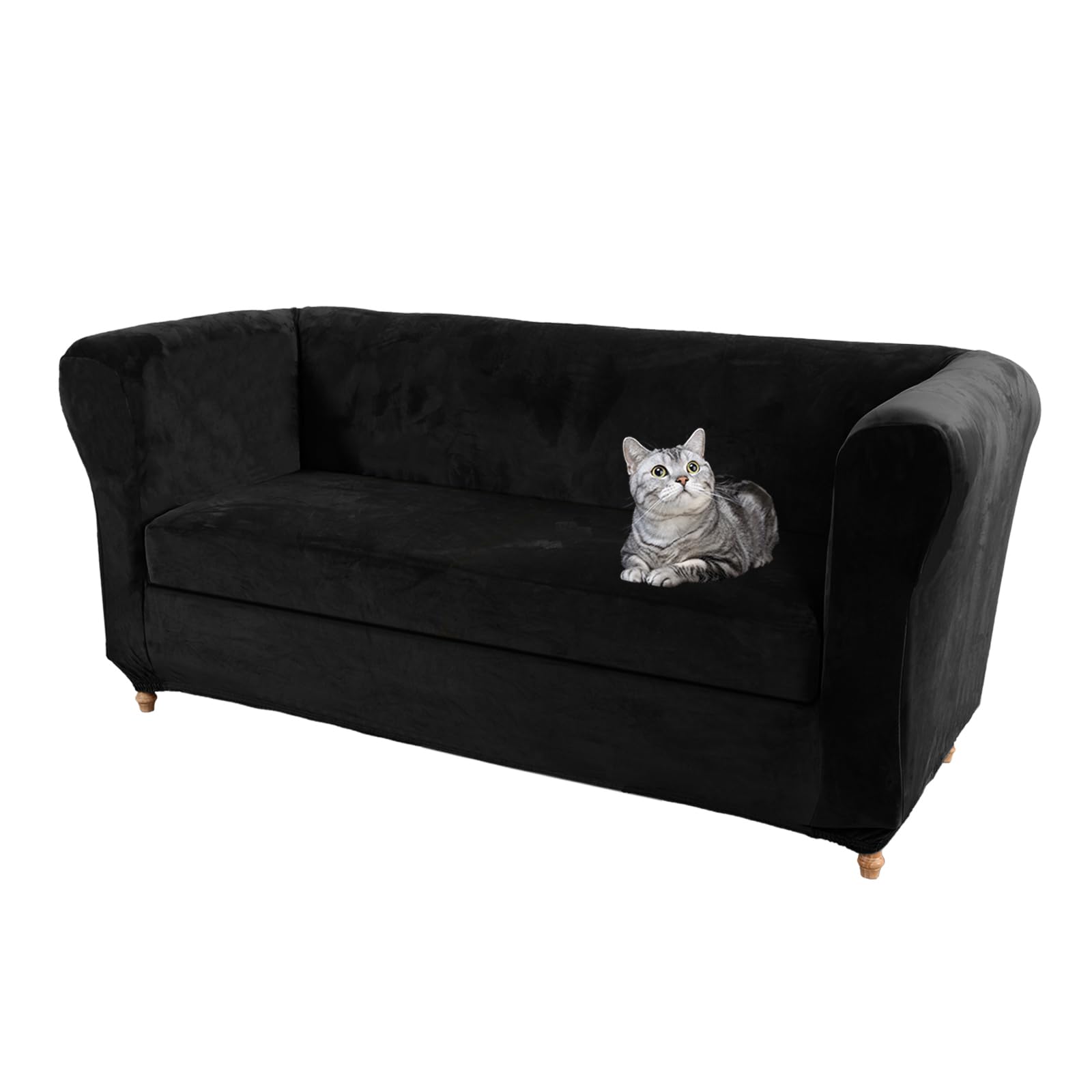 SYLC Velvet Stretch Chesterfield Sofa Cover Couch Cover with Seat Cushion Cover Furniture Protector for Curved Settee Fitted Vintage (Black,Loveseat+1 pc 2-Seat)