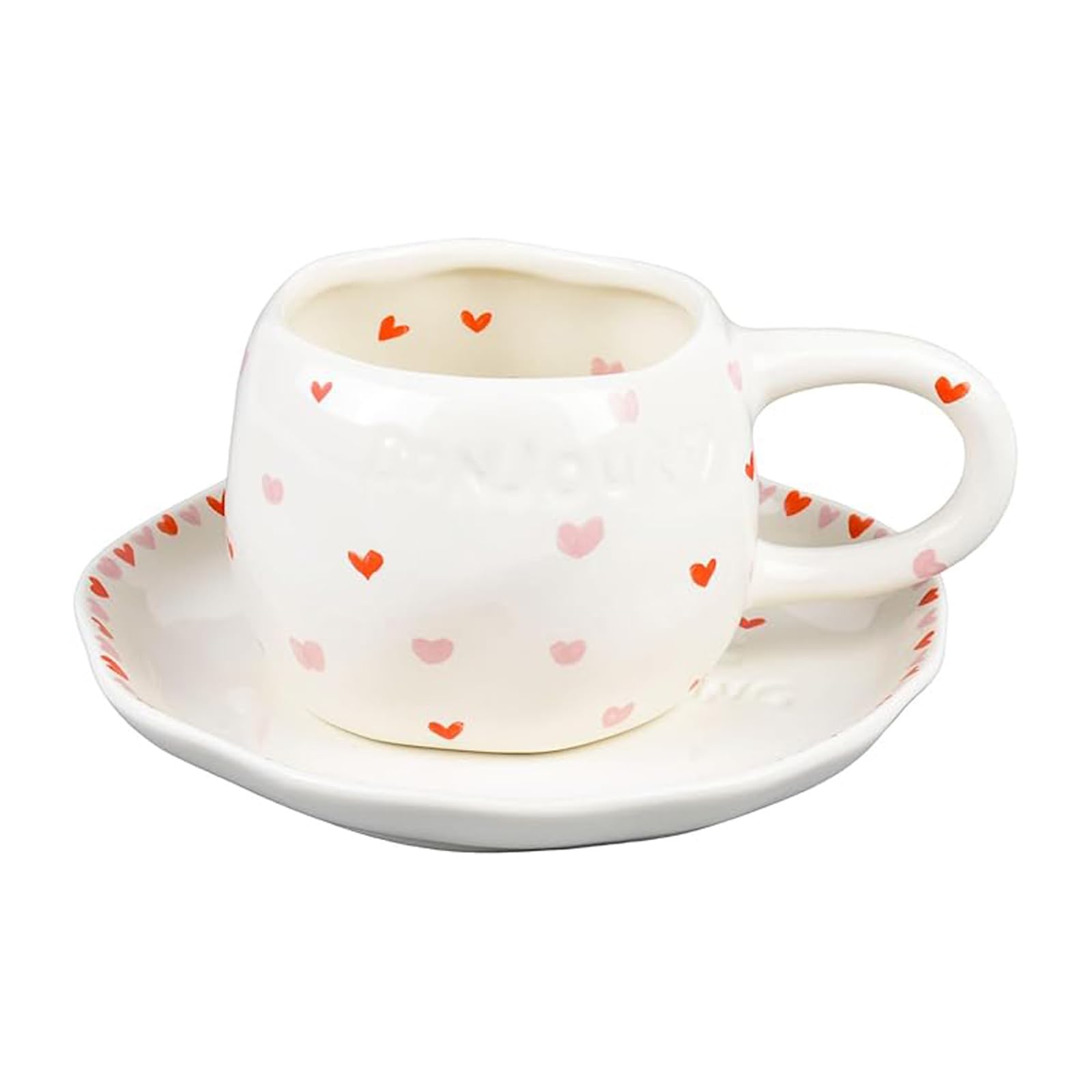 Handmade Pink Heart Coffee Mug & Saucer Set - 10oz Ceramic Espresso Cup with Cute Design - Unique Valentine's for Women, Couples - Home, Office Tea & Coffee Cup
