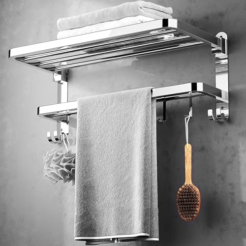 Image of Zureni Towel Rack for Bathroom 2 Tier 304 Grade Stainless Steel Multipurpose Wall Mounted Hanger Shelf with Hooks Accessories and Fittings Home Washroom Kitchen (Pack of 1, 1024)